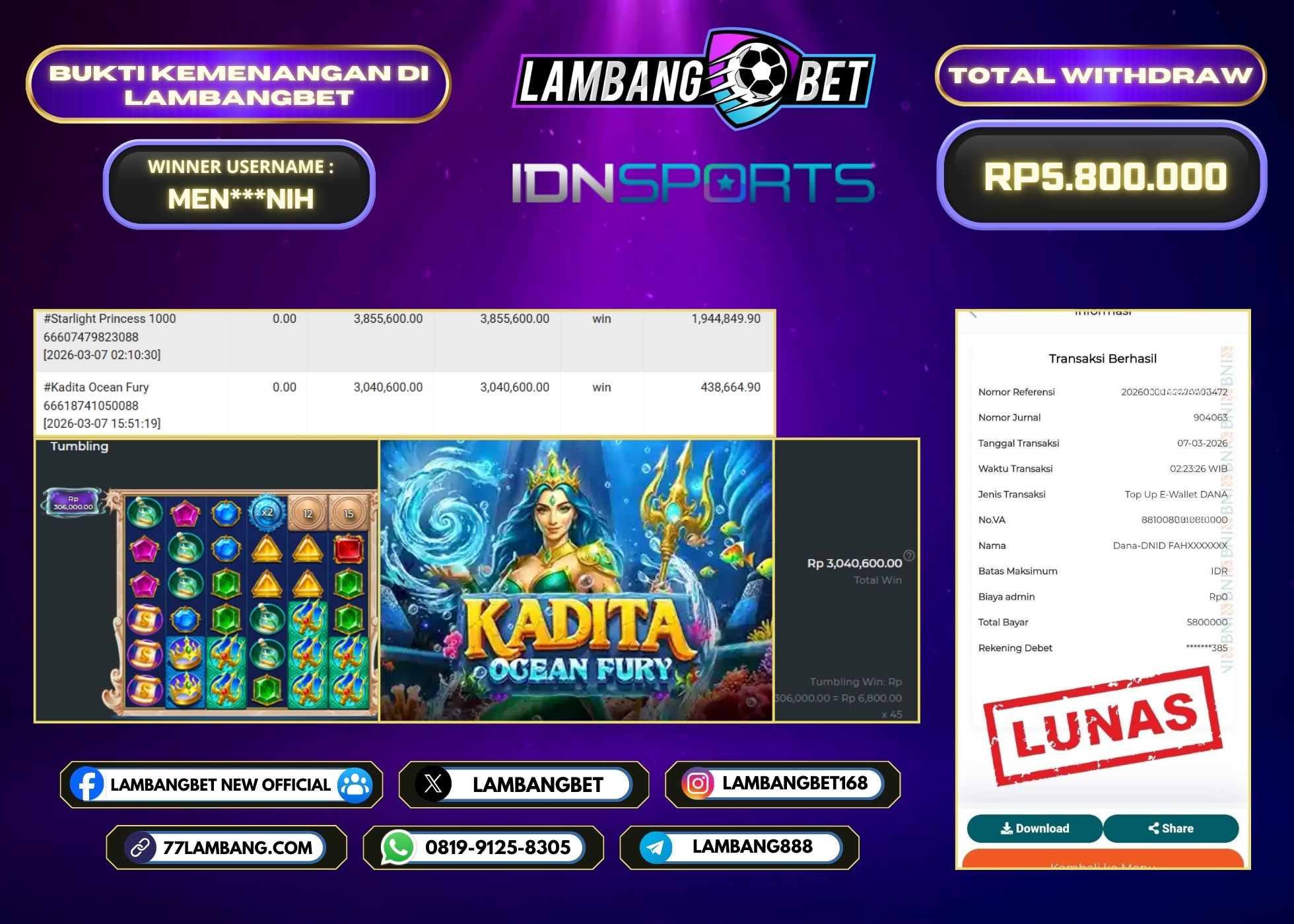 LAMBANGBET [7 MARET 2025] JACKPOT SLOT Kadita Ocean Fury "Rp5.800.000" LUNAS